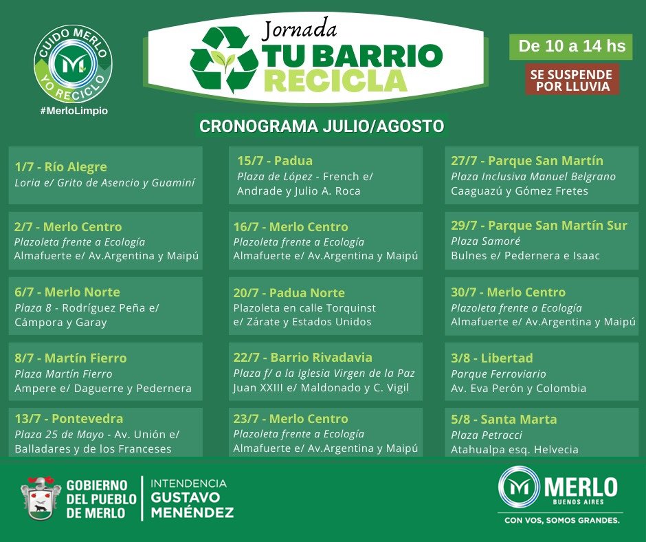 MerloGob's tweet photo. Sumate a las jornadas “Tu Barrio Recicla”, organizadas por la Secretaría de Delegaciones de #Merlo.
📅 El #martes 27/07 en Plaza Belgrano, Caaguazú y Gómez Fretes, Parque San Martín.
♻ Mirá qué reciclables podés llevar en https://t.co/PySL694AJM
#CuidoMerlo #YoReciclo https://t.co/SwSNKfmAQT