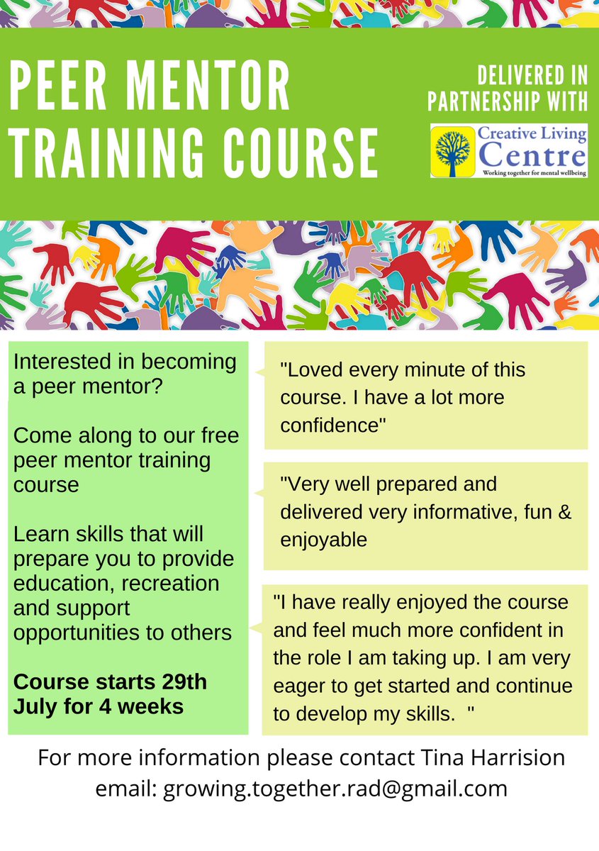 BuryVCFA's tweet image. There is a 'Peer Mentor Support' training course starting next Thursday 29th July at 11.a.m at Trinity Baptist Church, Radcliffe,M26 3WD. For further information on the training sessions please e-mail growing.together.rad@gmail.com
or see the poster below👇👇 @CreativeLivingC