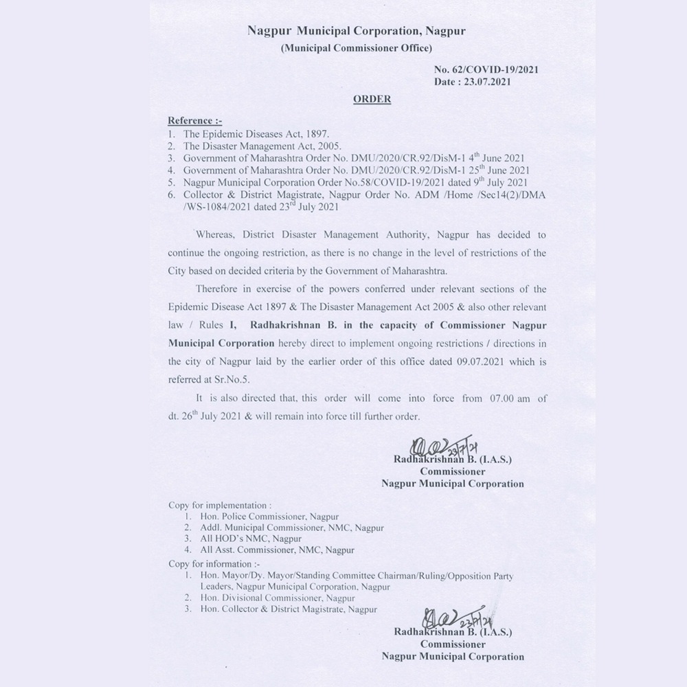 ngpnmc's tweet image. Municipal Commissioner Radhakrishnan B, has extended the ongoing restrictions in the city, till further order. Here is the order in this regard.

#OfficialOrder #RestrictionsExtended