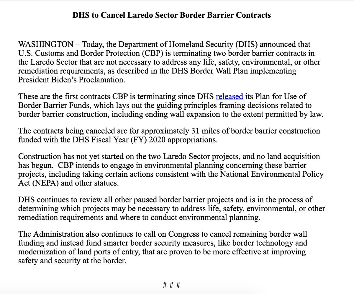 DHS announces its canceling two border wall projects in the Laredo sector that cover around 31 miles. Construction had not yet started.