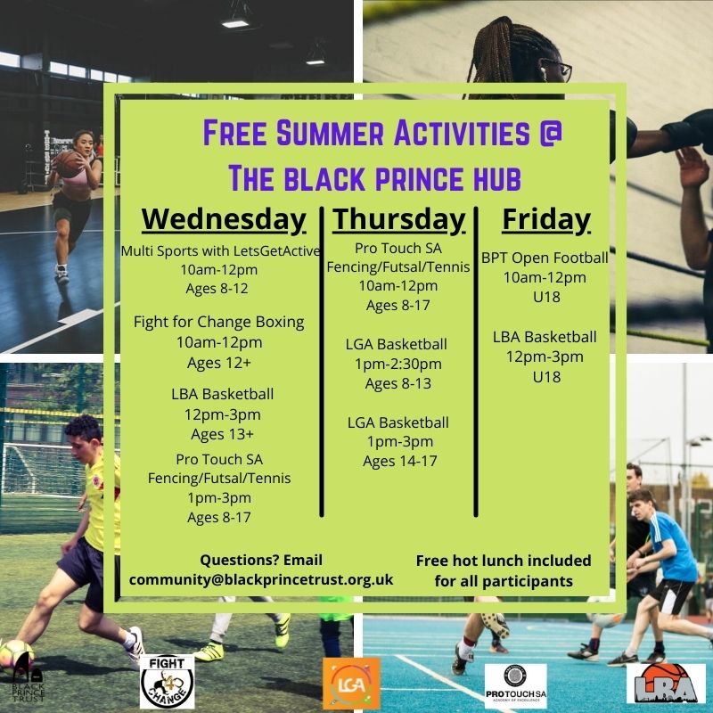 Our programme of free summer activities begins today! We're going to be hosting the following sessions throughout the week...

🥊 Boxing 
🏀 Basketball 
🤺 Fencing
🎾 Tennis 
⚽ Football

Sign up ⬇️

bit.ly/3y2USju