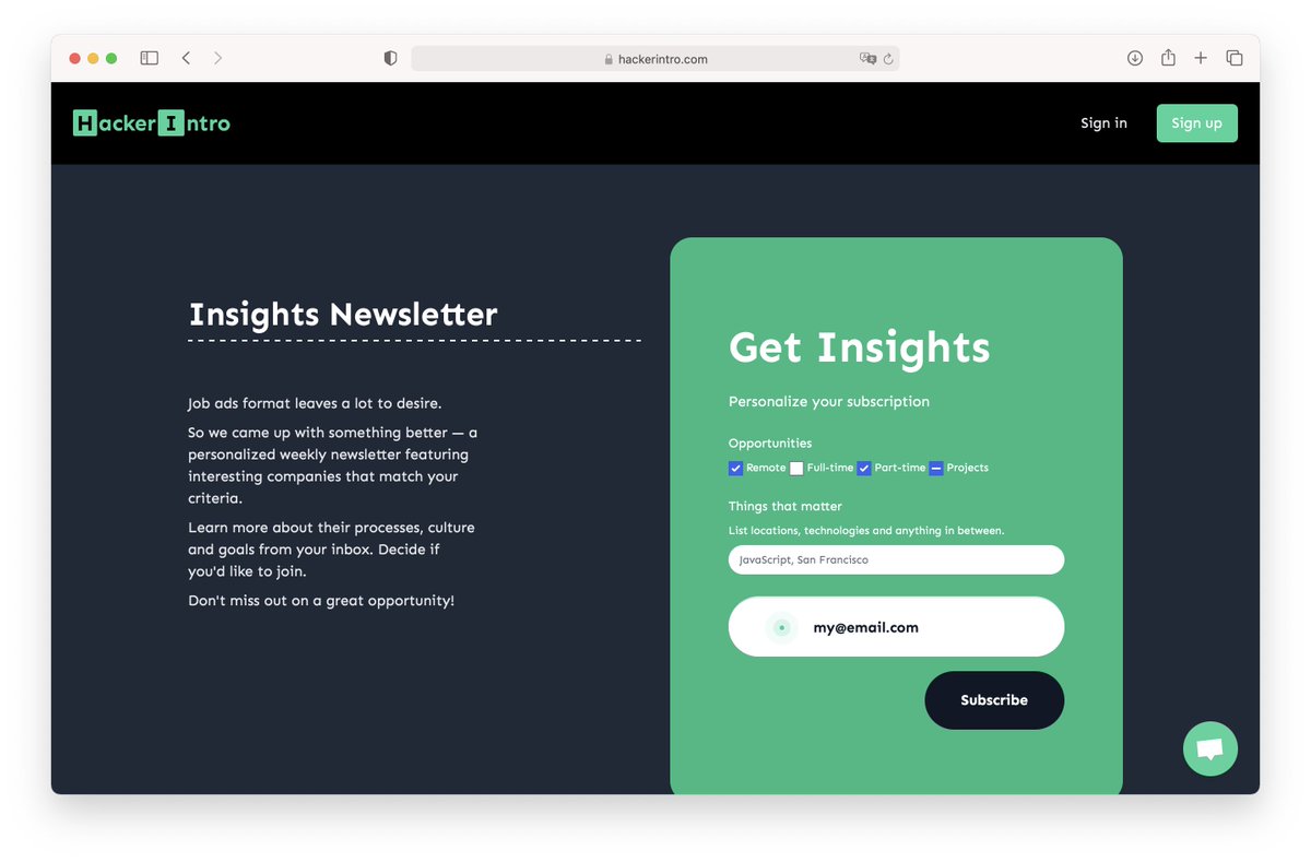 Who likes reading job ads with their morning coffee? *crickets*

That's why I am launching <a href="/HackerIntro/">HackerIntro</a> Insights (hackerintro.com/insights) newsletter.

It features companies that match your interests and presents their challenges, tech, projects, and people in an engaging format.