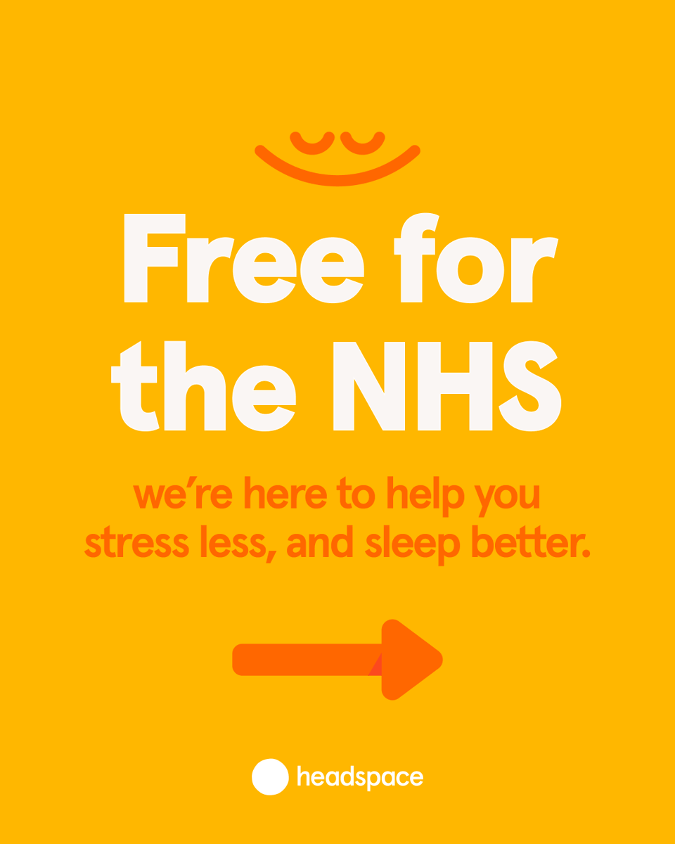 Headspace's tweet photo. We’ve got you, NHS. We are proud to offer free memberships to all @NHSUK staff. Tag a nurse, doctor, or hospital staff member who deserves a mindful moment. Learn more: https://t.co/14IIEVCHrK https://t.co/YgQqv530MG