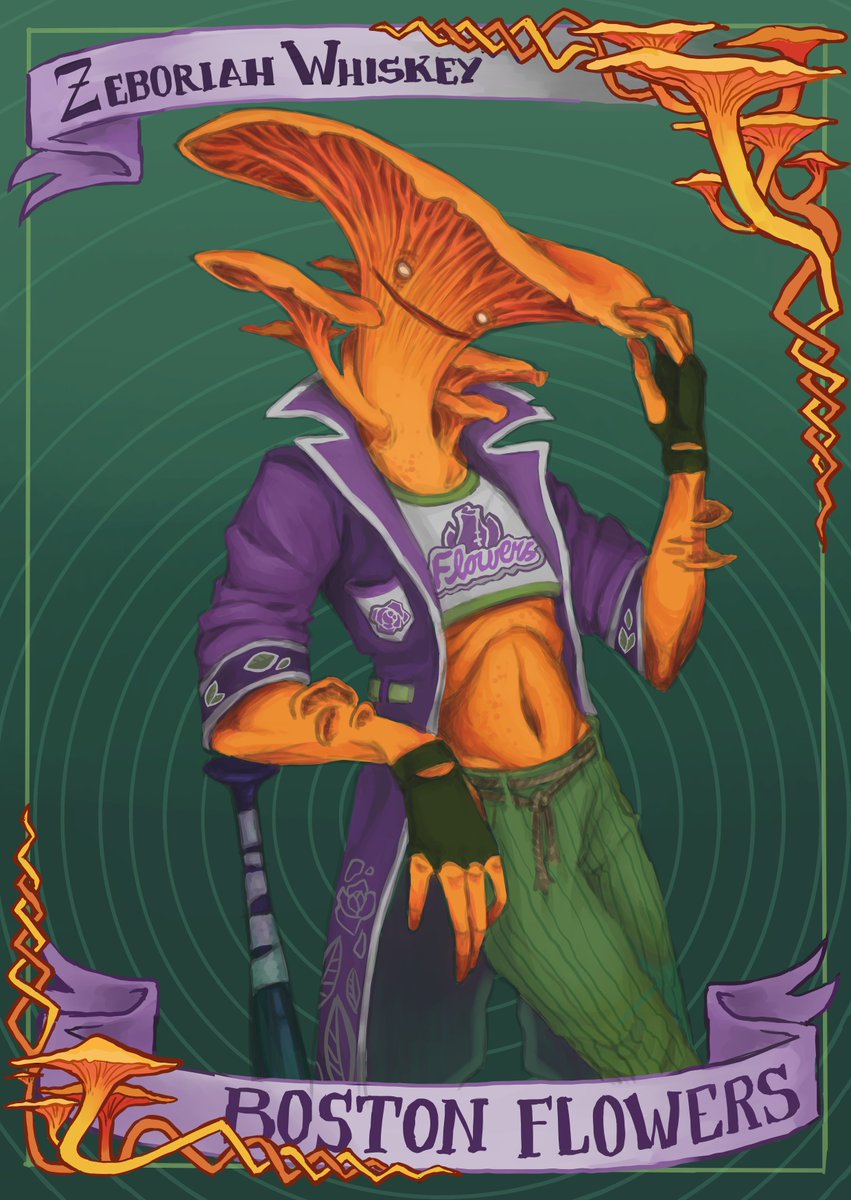 Greetings, another #blaseball card hath been born as of today, this time of Zeboriah Whiskey, the delightful mushroom cowboy, so I hereby declare it to be high shroom for a couple of minutes, if you dont mind~ 
<a href="/BOS_flowers/">🌹The NEW Boston Flowers🌹</a>
