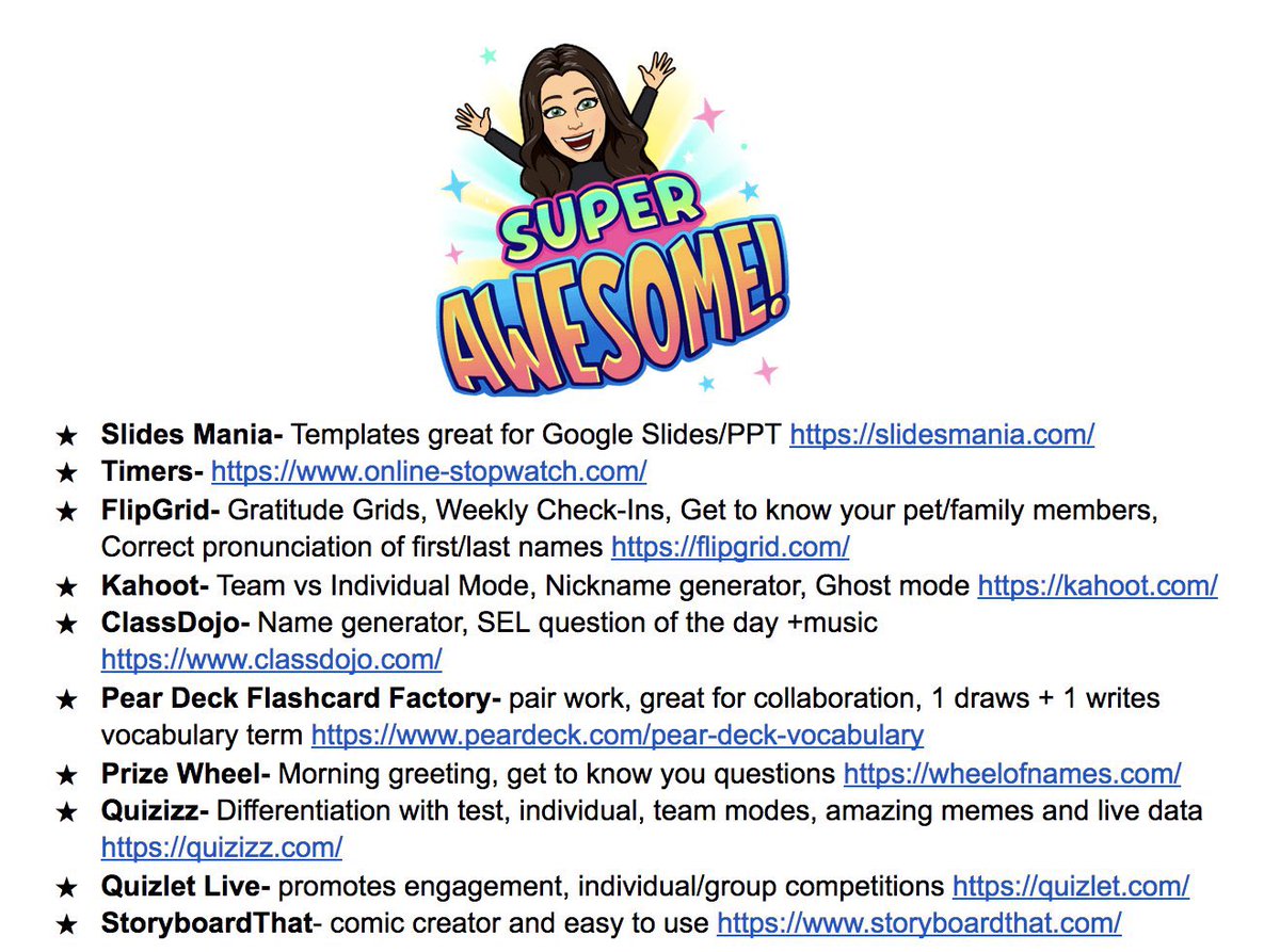 technologylaura's tweet image. My top 🔟  #edtech resources!
@SlidesManiaSM
@Flipgrid
@onlinetimer
@KahootAcademy
@ClassDojo
@PearDeck
Prize Wheel
@quizlet
@quizizz
@StoryboardThat

Let's go 2021-2022! 🥳