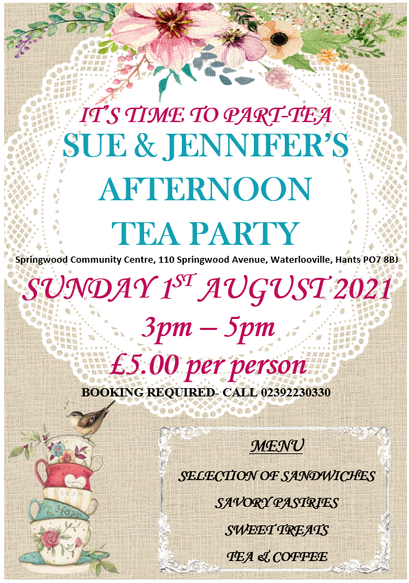 Springwood_CC's tweet image. Sue and Jennifer are back with their afternoon tea party. 1st August 2021. Reservation required. Call 02392 230330 to book. #Afternoontea #Afternoonteaparty #teaparty #Waterlooville #Springwoodcommunitycentre