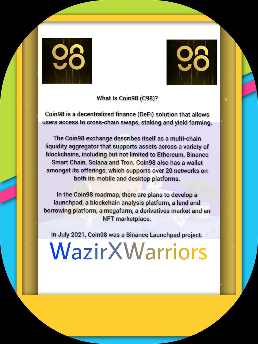 tajamul9342's tweet photo. What Is Coin98 (C98)?

Coin98 is a decentralized finance (DeFi) solution that allows users access to cross-chain swaps, staking and yield farming.

#WazirXWarriors #IndiaWantsCrypto
#C98 #C98ContentCreation #DeFi #NFT #BSC #Solana https://t.co/t2fTRRCON2