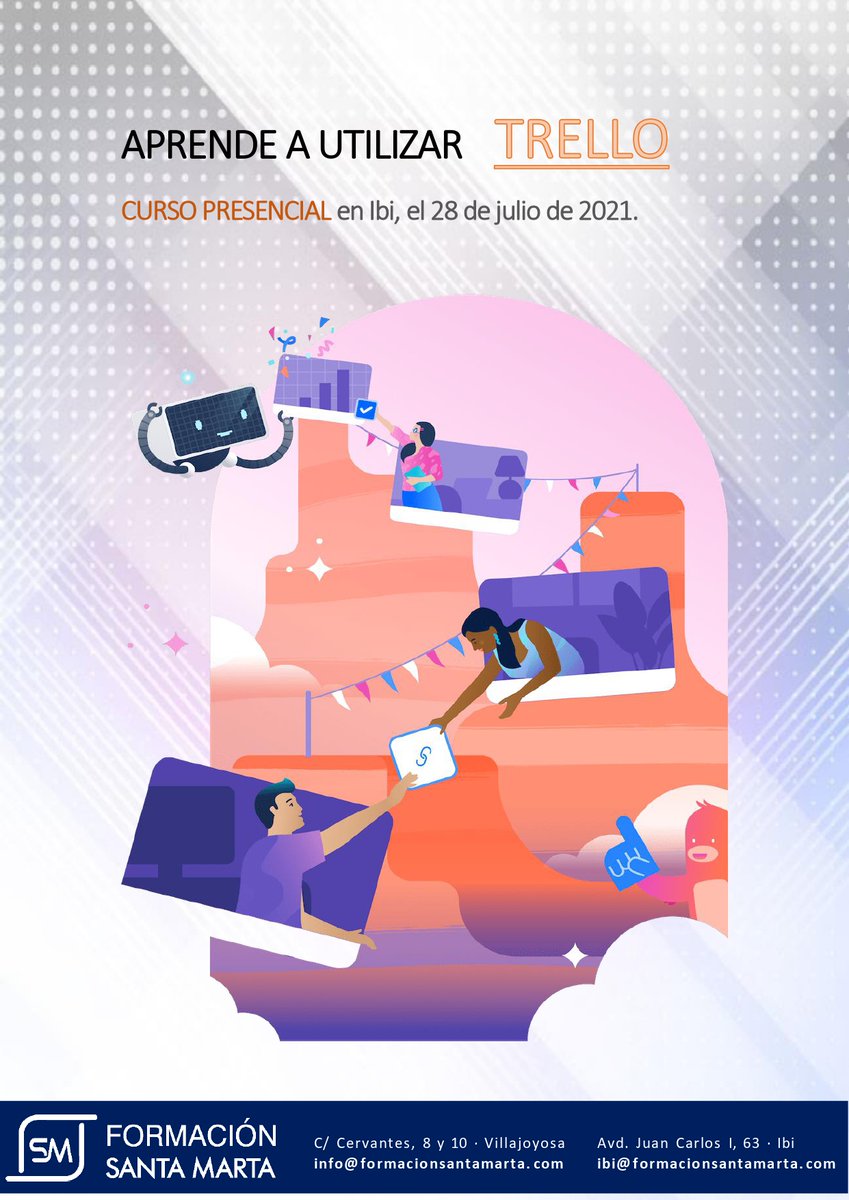 FormacionSantaM's tweet photo. Curso de TRELLO
El 28 de julio vamos a realizar un curso PRESENCIAL de TRELLO en nuestro centro de #Ibi.
¡¡PLAZAS LIMITADAS!! Posibilidad de aula virtual.
#FormaciónSantaMarta #Ibi #Trello #GestiónDeProyectos #FórmateConNosotros https://t.co/USDWU3AGLT