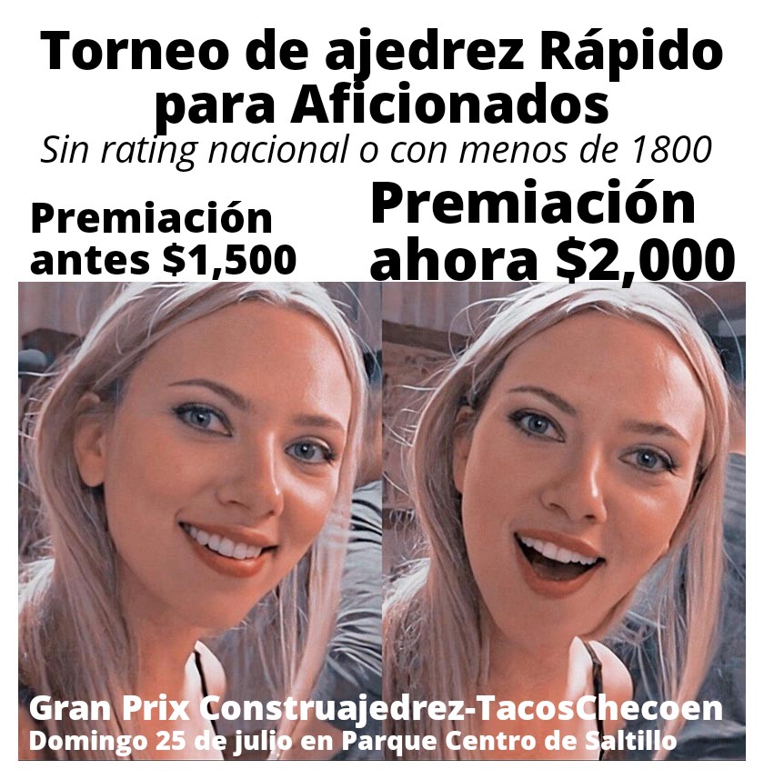 construajedrez's tweet photo. Subimos la premiación ¡Otra vez!
Torneo de ajedrez para aficionados, domingo 25 de julio, 4:00 pm, #ParqueCentro #Saltillo #Coahuila #México #FelizViernesATodos
Gran Prix Construajedrez @TacosCheco https://t.co/xHowXtsLhi