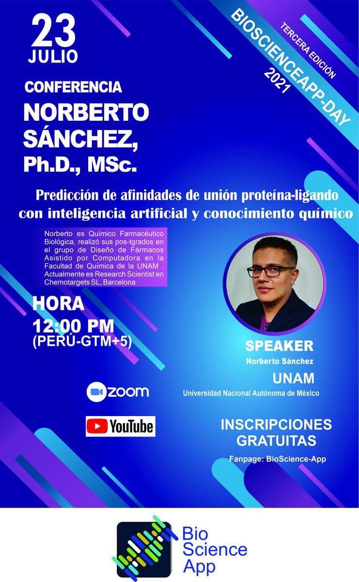 Si no lograste ingresar a la sala Zoom para participar de la conferencia del Dr. Norberto Sánchez, puedes asistir a la conferencia por nuestro canal de YouTube: 

youtube.com/channel/UCwjYL…

#Bioinformatics #Difacquim #docking #ArtificialInteligence #chemoinformatics #drugdiscovery