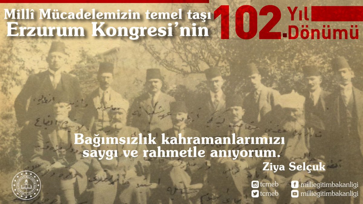 #ErzurumKongresi’nin 102. yıl dönümünde Gazi Mustafa Kemal Atatürk’ü ve millî mücadelenin tüm kahramanlarını saygı ve rahmetle anıyoruz. 

Ruhları şad olsun…