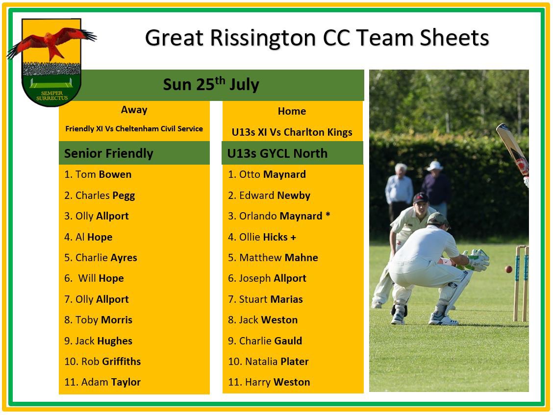 Looking forward to a weekend of cricket against <a href="/RedmarleyCC/">Redmarley CC</a>, <a href="/LechladeCC/">Lechlade CC</a>, <a href="/CharltonKingsCC/">Charlton Kings Cricket Club</a> and <a href="/CCSCricket/">Chelt Civil Service</a> hopefully no thunder storms. Good luck to all our teams and go well.