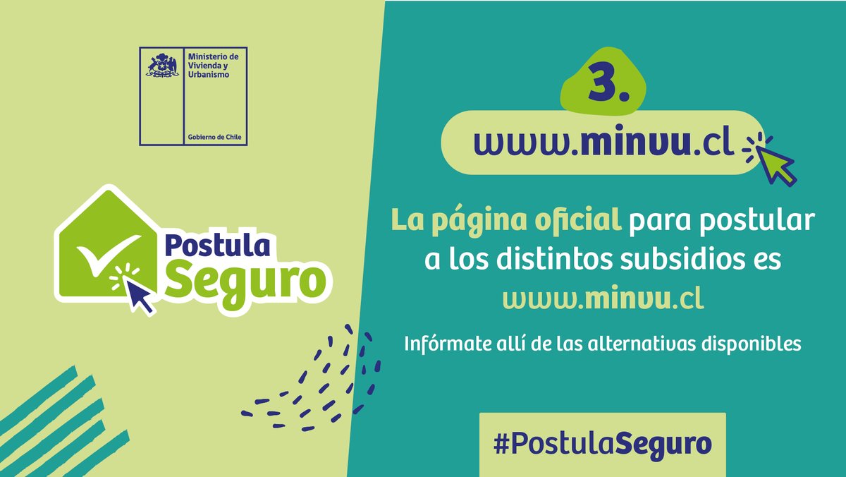 Minvu's tweet photo. 📣 Muy importante 👉 En https://t.co/MJsZrmcPlR puedes postular a los distintos #SubsidiosMinvu y encontrar toda la información que necesitas. 
✅ Para compra de vivienda
✅ Construcción
✅ Arriendo 
✅ Mejoramiento 

#PostulaSeguro 🏠 https://t.co/aGkppQuB7O