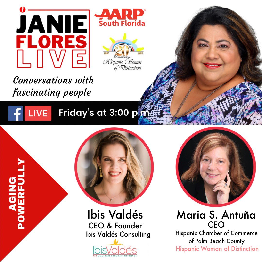 juanis111's tweet photo. 🔆Tune in to the @JanieFloresLive Show today at 3PM EST on Facebook Live to meet:
☀️Ibis Valdés, CEO & Founder, Ibis Valdes Consulting & @IbisForMiami
☀️María Antuna #HispanicWomenofDistinction 2021 Honoree
☀️Our show is powered by @AARPSoflo & DISRUPT AGING
#AgingPowerfully https://t.co/1ttek6PdVu
