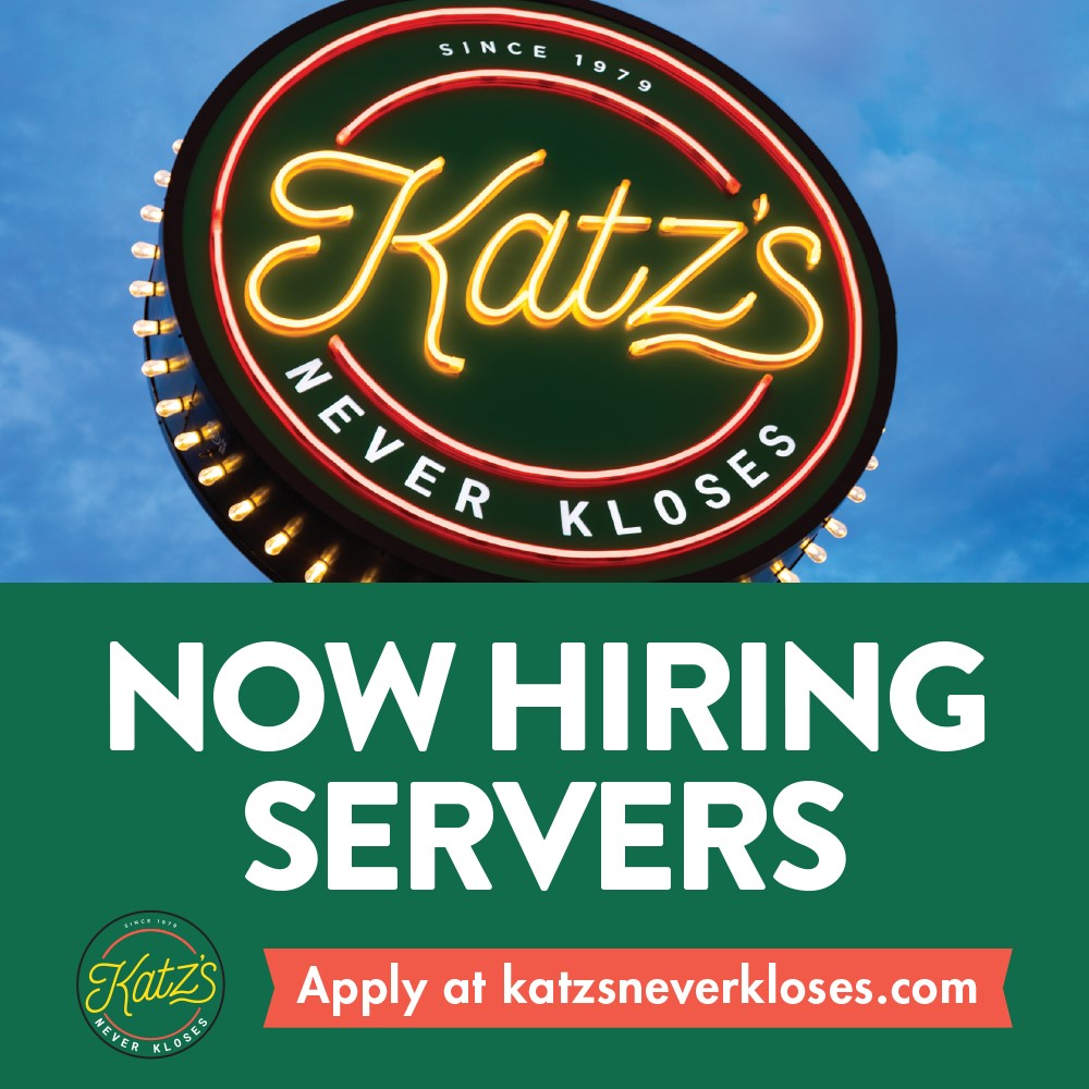 Katz's is now hiring servers at all 3 locations - in The Woodlands, The Heights, and Westheimer! Apply today online at katzsneverkloses.com/main/employmen…

<a href="/KatzsDeliHou/">Katz's Deli & Bar</a> #KatzsNeverKloses #NowHiring #Houston #TheWoodlands