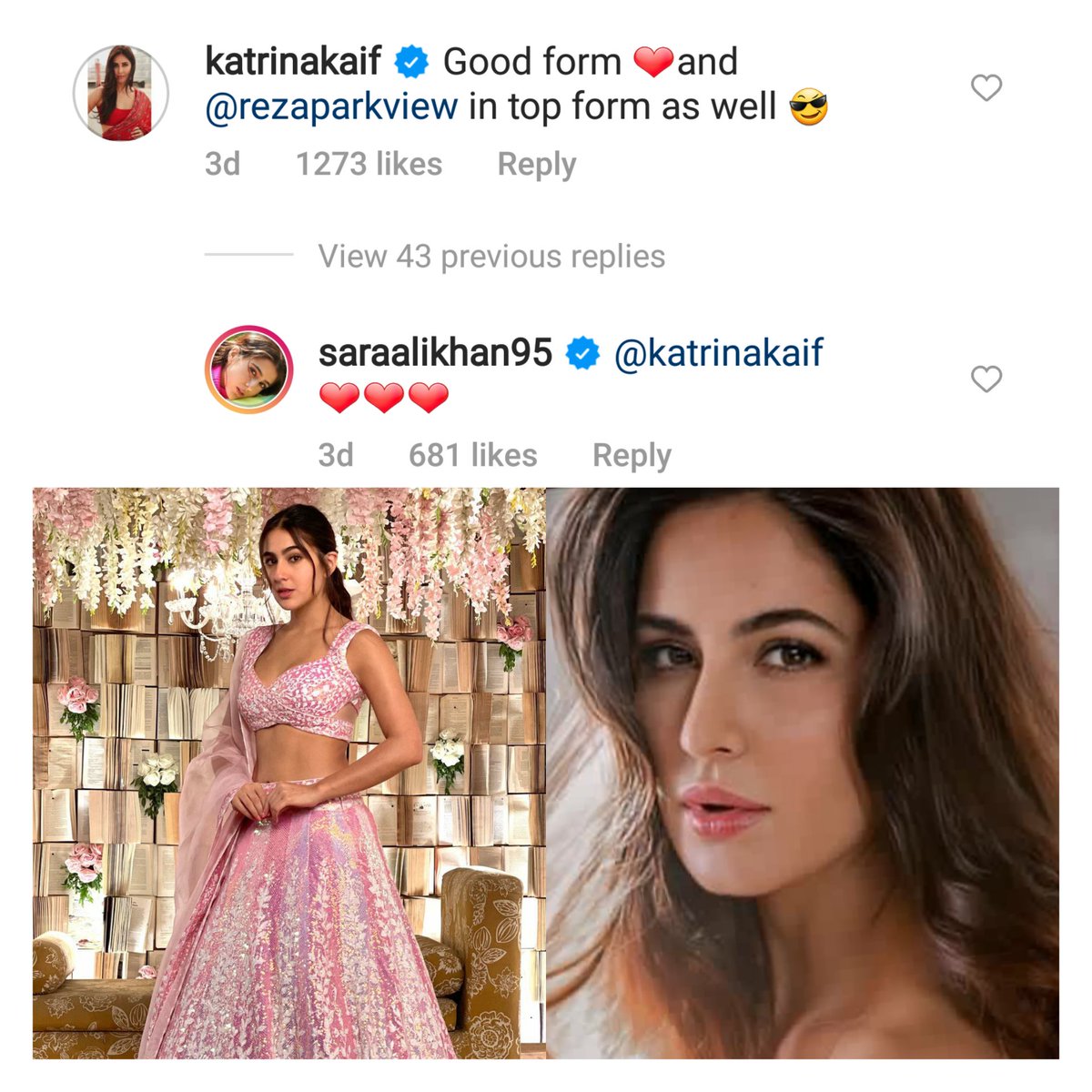 DPSKANDKK1's tweet photo. KatrinaKaif commented to #SaraAliKhan on her account in #instagram 😍 And #SaraAliKhan replied to #Katrina 
@SaraAliKhan https://t.co/hjMxnqC3Jp