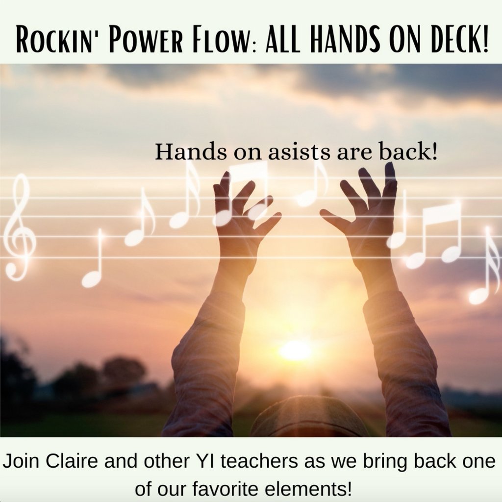 HANDS ON ASSISTS ARE COMING BACK! 

Monday July 26, at 5:45 pm, join @clairewithyogainnovations and other Yoga Innovations teachers for a Rockin' Power Flow: ALL HANDS ON DECK!

Save your spot online!