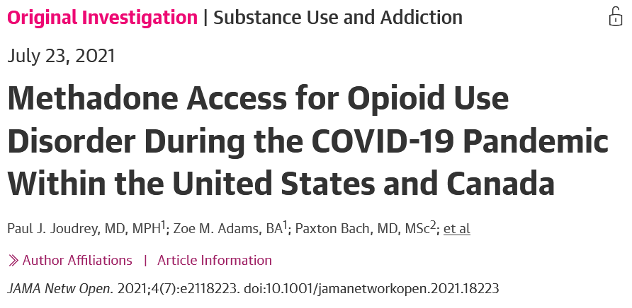 PaulJoudreyMD's tweet photo. Canadian clinics provided more timely access to methadone for opioid use disorder than highly regulated US opioid treatment programs (methadone clinics) - And COVID-19 reduced the number of available clinics in both nations @JAMANetworkOpen @YaleADM https://t.co/9viy15mhav