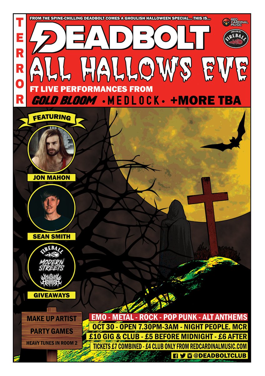 It's never too early to plan a Halloween party...

Live music from @goldbloomuk, <a href="/MedlockBand/">Medlock</a> &amp; 2 more bands TBA // DJs @jonmahonn &amp; <a href="/SeanSmithSucks/">Sean Smith</a> // Modern Streets Apparel &amp; Unusual Horror Store giveaways &amp; loads more!

Tickets - redcardinalmusic.com