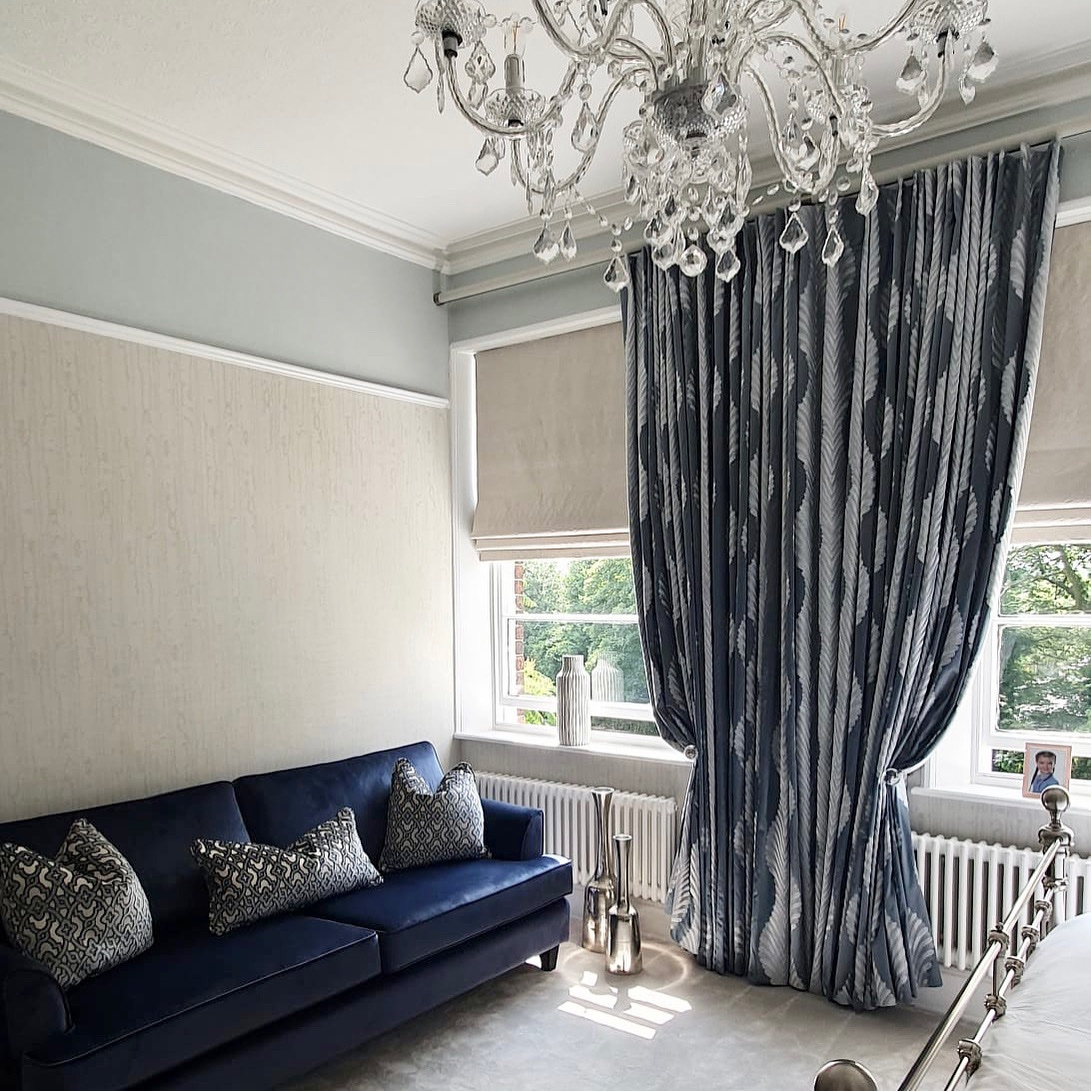 Fresh full bedroom installation in cool blues 💙#curtains#wallpaper#blinds#lightfitting#sofa#poles