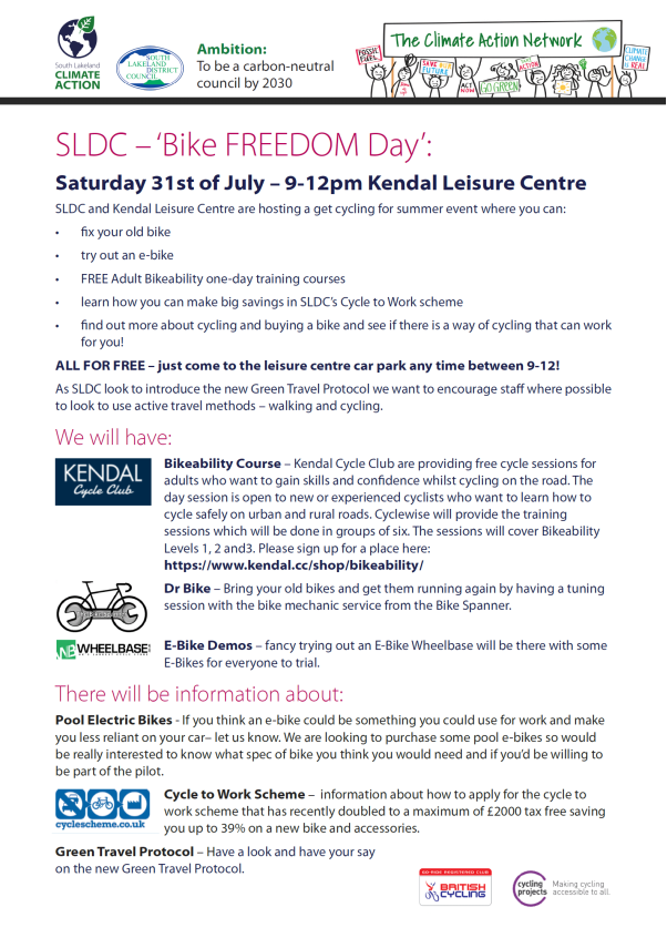 Better South Lakeland (@betterslakeland) on Twitter photo On the 31st July we are supporting SLDC's 'Bike Freedom Day'.
Pop on down and get involved between 9-12pm <a href="/SouthLakelandDC/">South Lakeland DC</a> On the 31st July we are supporting SLDC's 'Bike Freedom Day'.
Pop on down and get involved between 9-12pm <a href="/SouthLakelandDC/">South Lakeland DC</a>