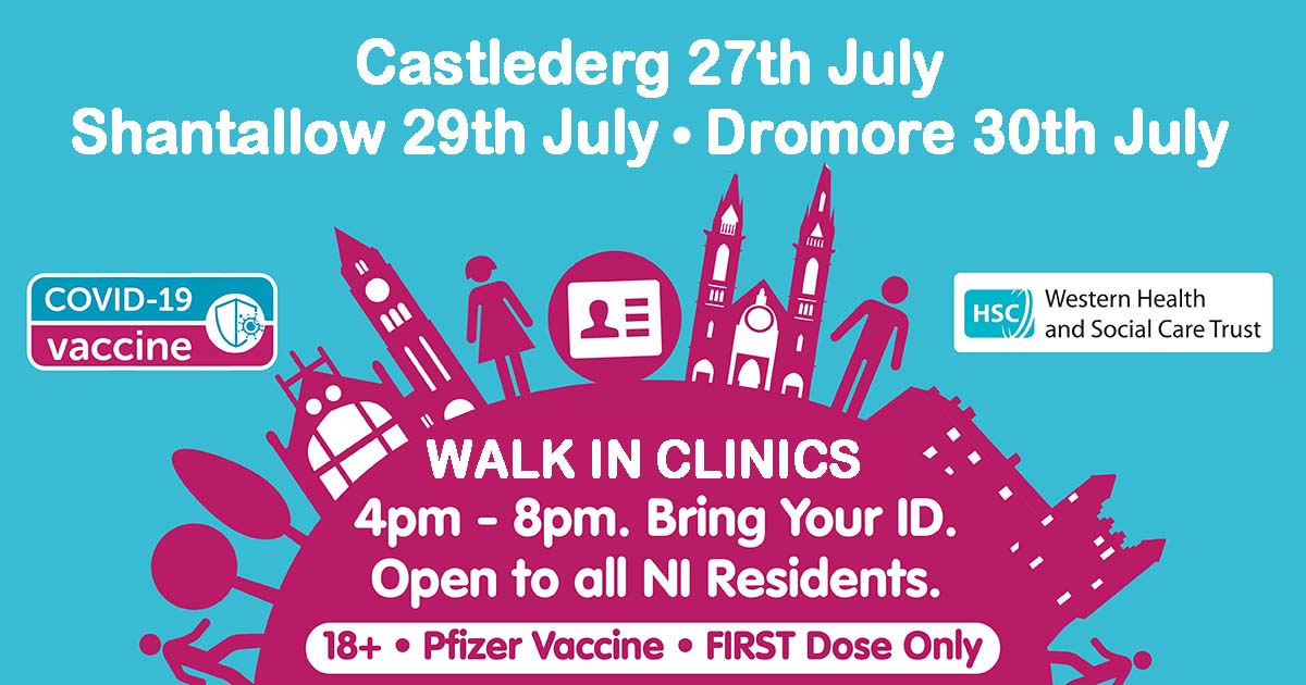 📣 Our next Evening Mobile Walk In Clinics 📣 📍27th July - Derg Valley Healthy Living, Castlederg 📍29th July - Shantallow Community Residents association 📍30th July - The Sports Complex, Dromore All Dates and Venues on our website - bit.ly/WTCOVID19Vacci…