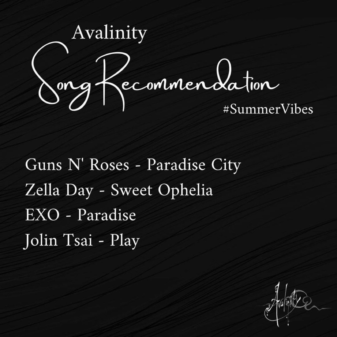 Avalinity's tweet photo. It’s time for the last week of our song recommendations, and our theme is: #SummerVibes 🍹🌴
Can you guess which member is recommending what? 🤔
Don’t forget to let us know! 😘
#AvalinityFriday #SongRecommendation https://t.co/j82JZbeT48
