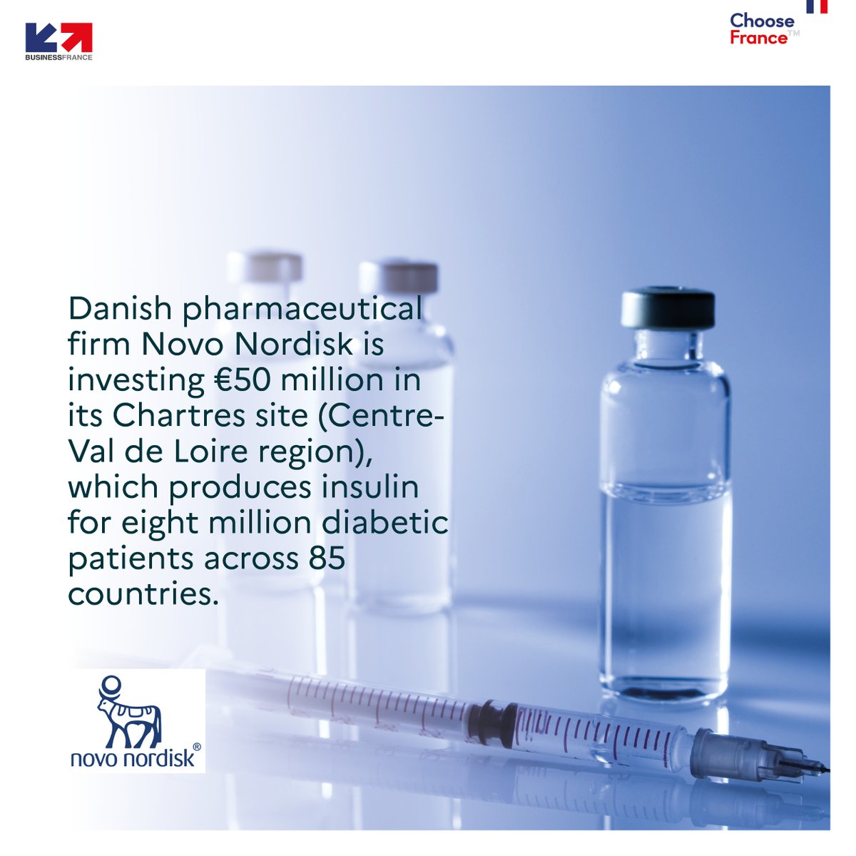 #ChooseFrance The 🇩🇰 pharmaceutical company <a href="/novonordisk/">Novo Nordisk</a> announced a €50M investment in its Chartres site. 
With this additional investment, a line of production dedicated to the assembling &amp; packaging of a new treatment for type-2 diabetes will be developed🧪
<a href="/franckriester/">Franck Riester</a>