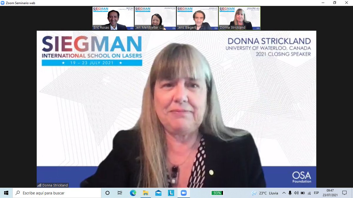 Great closing talk by <a href="/NobelPrize/">The Nobel Prize</a> laureate Donna Strickland in the #AllStars 2021 edition of the International #SiegmanSchool on Lasers by The <a href="/OpticalSociety/">The Optical Society now Optica</a>!

<a href="/elizrogan/">Elizabeth Rogan</a> <a href="/TomChadStark/">Chad Stark</a> <a href="/jenmehltretter/">Jen Mehltretter (she/her)</a>  <a href="/CPBurrill2/">Curtis Burrill</a>