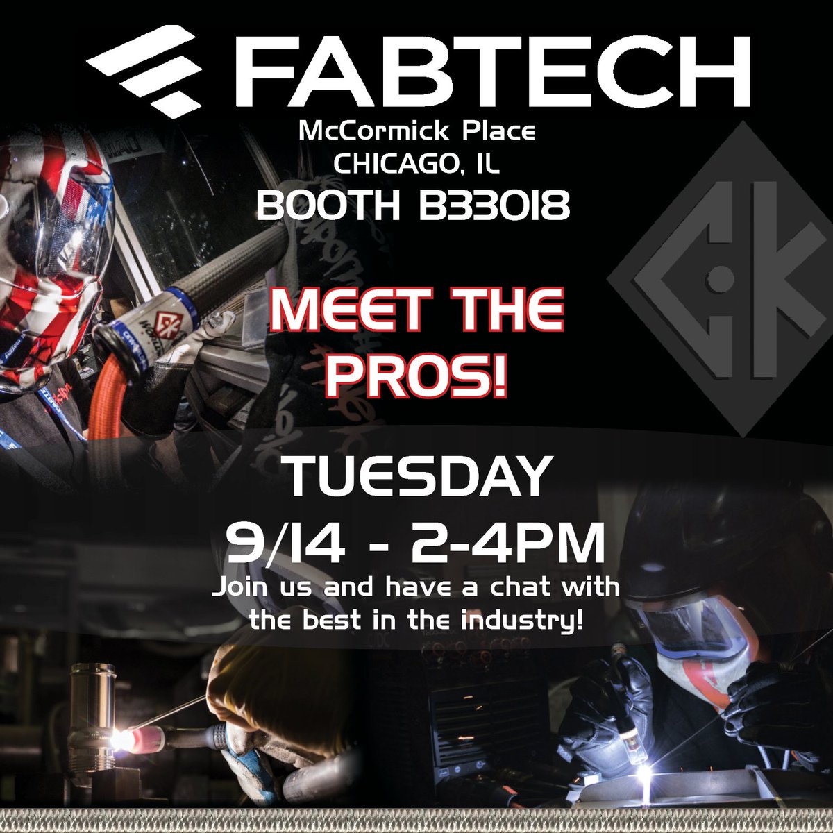 MEET THE PROS is always a great time at the CK Booth to meet industry professionals from all over the US and world. Join us from 2-4PM on Tuesday 9/14 to share stories, tips/tricks 😉, and reconnect with old friends or make new ones! <a href="/FabtechExpo/">FABTECH</a> #fabtech2021