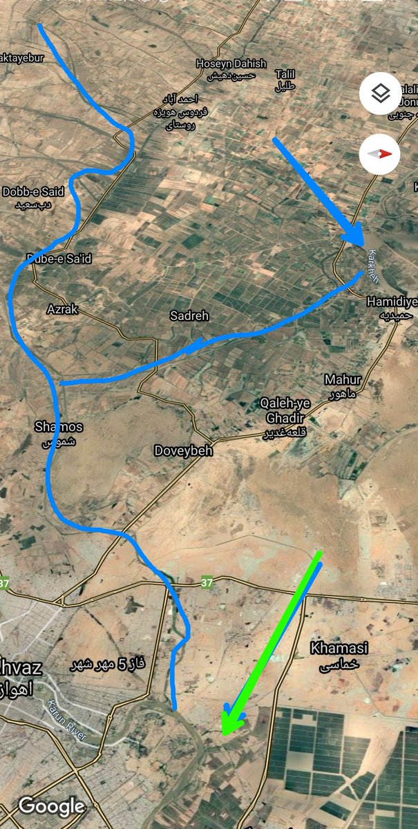 یک راه حل بسیار موقتی برای این مشکل فعلی تامین آب هور هست. ما یک کانال(رنگ آبی) داریم به نام کانال چمران. زمان جنگ چمران برای جلوگیری از پیشروی ارتش عراق کانالی احداث کرد از کارون به سمت دشت آزادگان و کرخه آب میبرد و بعدا به عنوان یک مسیل استفاده می شد.فلش سبز کارونآبی کرخه8