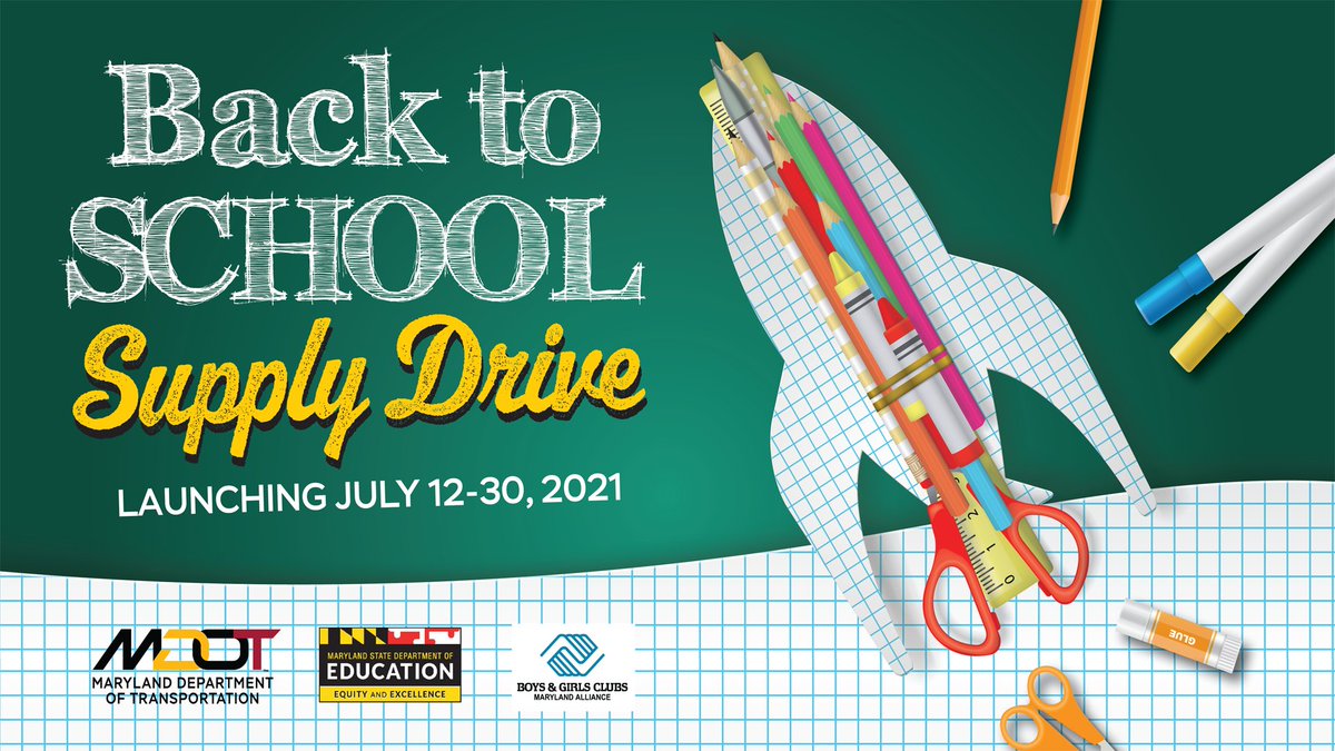 MarylandDOT's tweet photo. MDOT is partnering with @MdPublicSchools and the Boys &amp; Girls Clubs MD Alliance on a Back to School Supply Drive thru 7/30. For details, go to: https://t.co/4lEqJXiQEu. To find a donation site near you, go to: https://t.co/KfzcvKuqB3 @bgcbaltimore #MDOTcares https://t.co/opIvD51ION