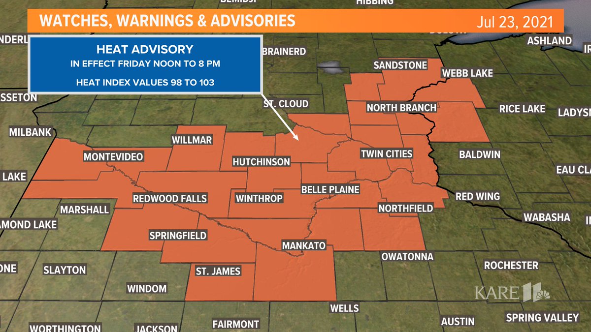 A heat advisory is now in effect across much of central Minnesota, with heat indices that could reach 100 or higher. Get the latest on the weather on the go by downloading the KARE 11 app: https://t.co/pdO9SrR2FH https://t.co/BBsXbPyVnC