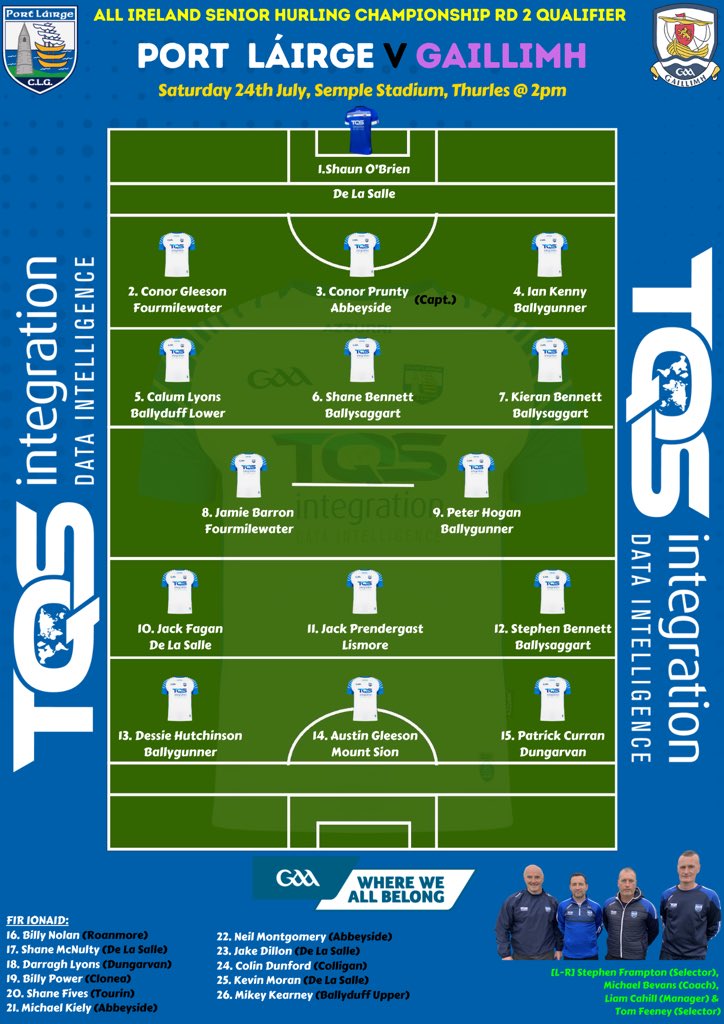 📣The Waterford Senior Hurling Team to play Galway in Round 2 of the All-Ireland Senior Hurling Championship Qualifiers tomorrow has been named⬇️

Best of luck to Liam Cahill, his management team and all of the panel!

#deiseabú ⚪️🔵