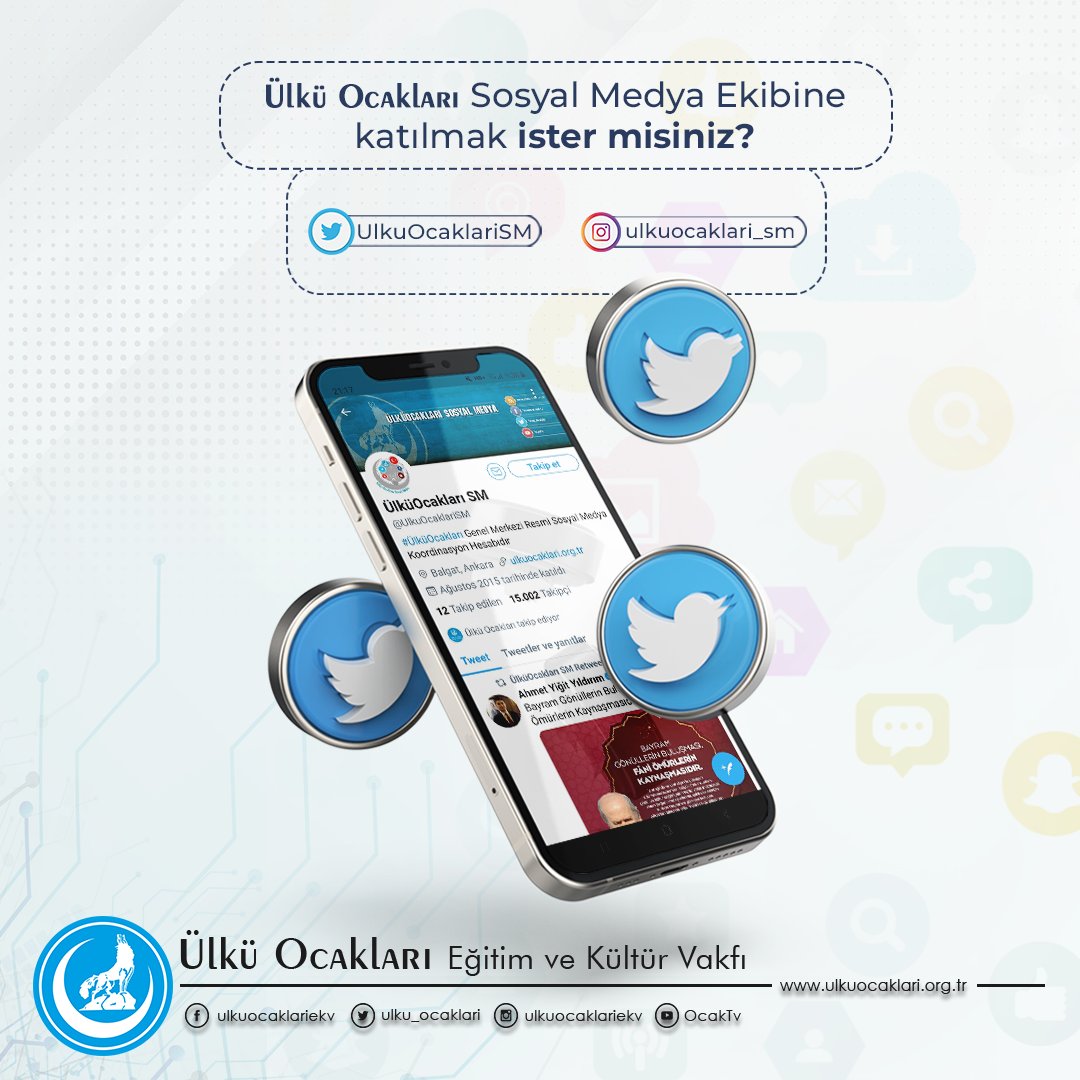 Ülkü Ocakları Sosyal Medya (@ulkuocaklarism) on Twitter photo Ülkü Ocakları Sosyal Medya ekibimizde gönüllü olmak ister misiniz?
Dâhil olmak için tek yapmanız gereken <a href="/UlkuOcaklariSM/">Ülkü Ocakları Sosyal Medya</a> hesabımıza mesaj atmak.
Bilgilerinize sunarız.
<a href="/ayyildirim1/">Ahmet Yiğit Yıldırım</a>
<a href="/keejder/">Kadir Ensar Ejder</a> Ülkü Ocakları Sosyal Medya ekibimizde gönüllü olmak ister misiniz?
Dâhil olmak için tek yapmanız gereken <a href="/UlkuOcaklariSM/">Ülkü Ocakları Sosyal Medya</a> hesabımıza mesaj atmak.
Bilgilerinize sunarız.
<a href="/ayyildirim1/">Ahmet Yiğit Yıldırım</a>
<a href="/keejder/">Kadir Ensar Ejder</a>