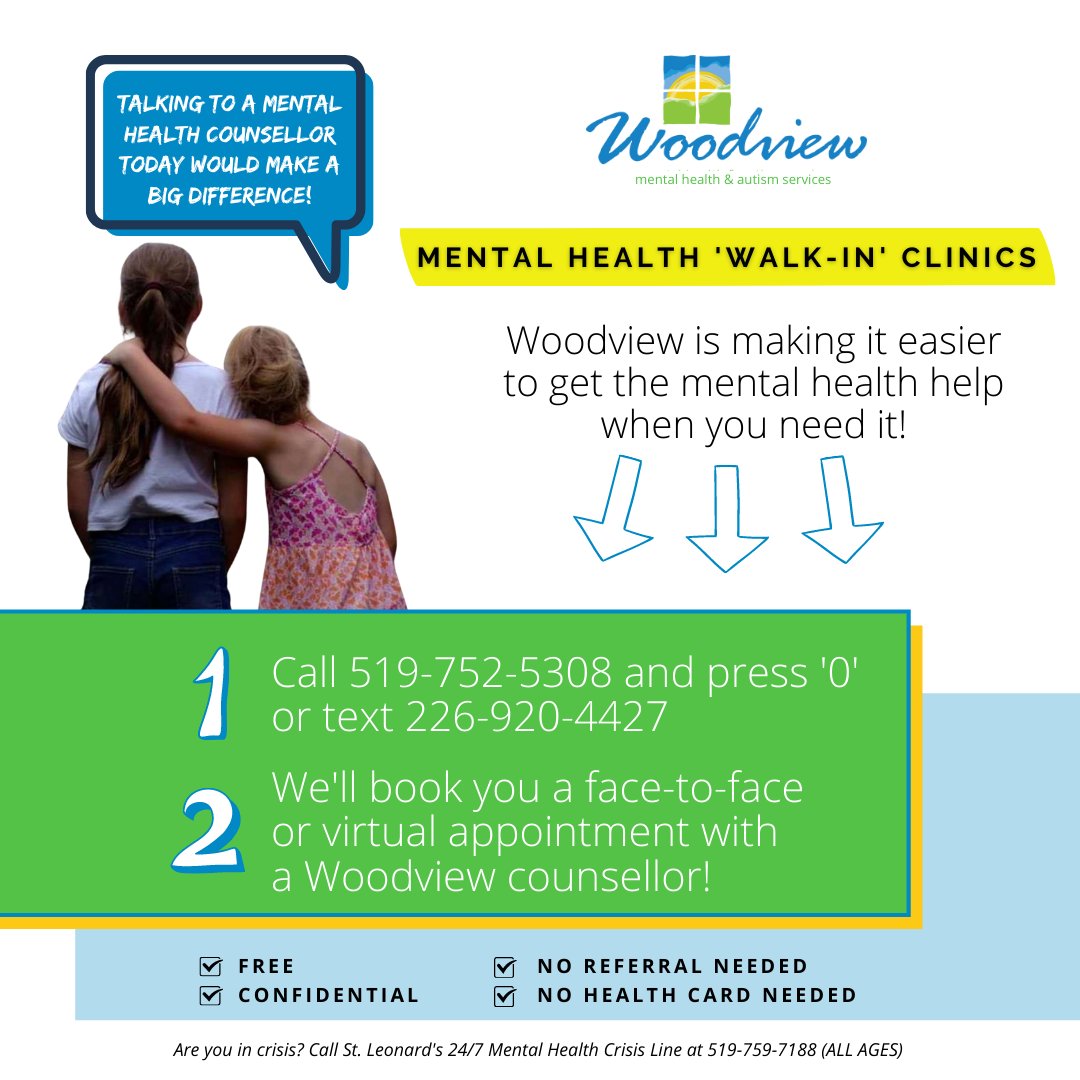 WoodviewMHAS's tweet image. Sometimes getting to talk to a counsellor in the same day can really help.  Did you know? There's NO wait-list for our 'walk-in' mental health clinics for kids &amp;amp; youth (up to 18yrs) in Brantford-Brant!

Call 519-752-5308 and press ‘0’ or text 226-920-4427
