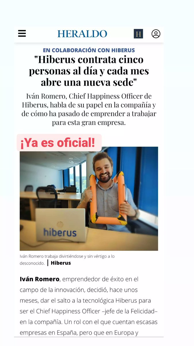 Ya es oficial. ☺️ Paso a formar parte del equipo de <a href="/Hiberus/">hiberus</a> como Chief Happiness Officer!!

Me ocuparé, entre otras cosas, de #motivar y hacer crecer a +1300 personas de la empresa tecnológica más potente "Made in Aragón"😱

Aquí lo cuento para HERALDO
👉🏼heraldo.es/branded/hiberu…
