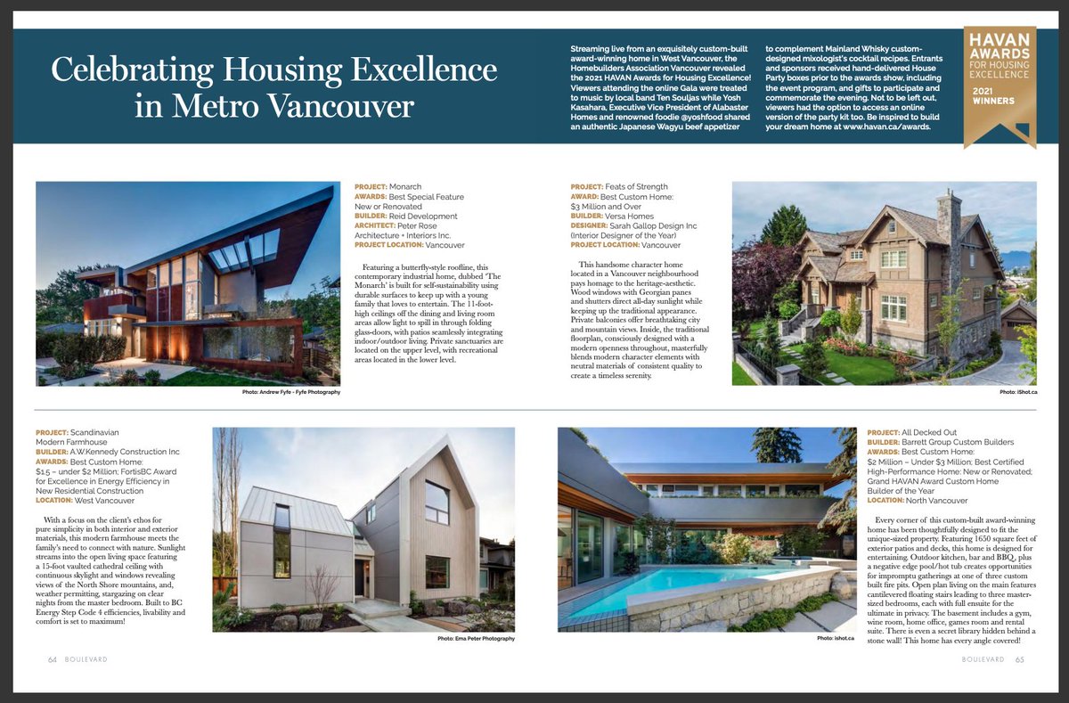 Our HAVAN 2021 winner (Monarch aka Soaring Eagle residence) is mentioned in the Boulevard Magazine Jun/Jul 2021 issue! Categories: Best Interior Design and Best Special Feature. issuu.com/vancouverboule…  (pp 63-64)