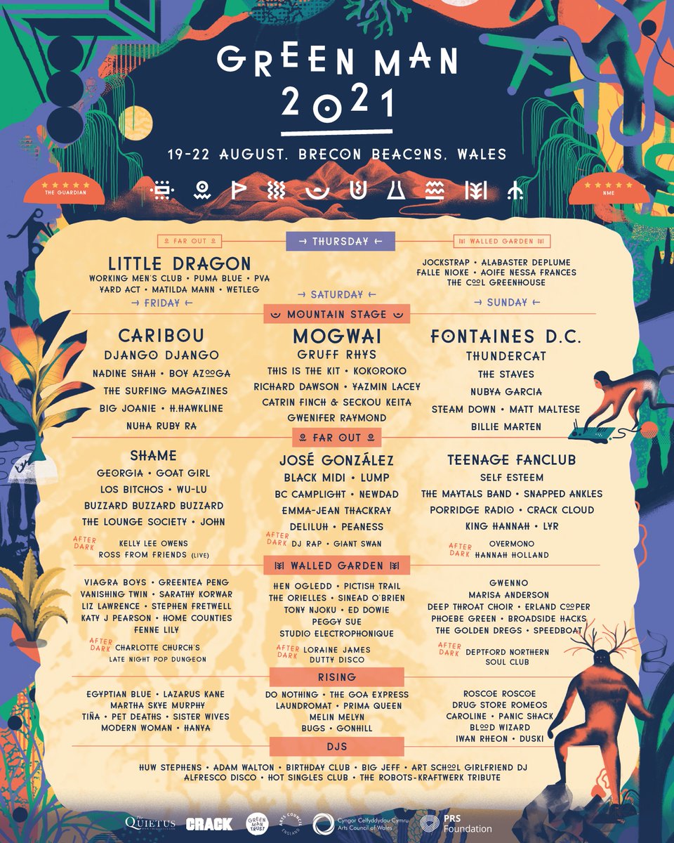 GreenManFest's tweet image. Green Man is GO!🎉We’re ecstatic to finally say that we can go ahead this August. And what a thrill to be able to introduce your GM21 line-up, with headliners @Mogwai, @caribouband, @LittleDragon &amp;amp; @fontainesdublin soaring over the Black Mountains each evening to welcome us home!