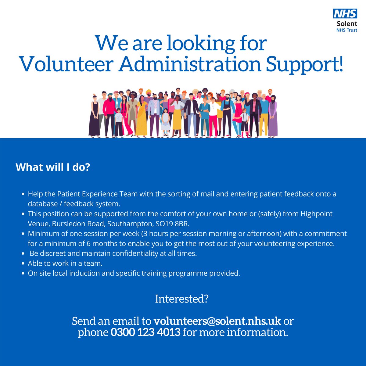 SolentNHSTrust's tweet photo. We are looking for administration support volunteers to join our team!✏️✏️
Follow the contact details in the post below if you would like to get involved with #TeamSolent💙🌈⭐️
#HeartOfSolent #SolentDifference https://t.co/PROd9vW46M
