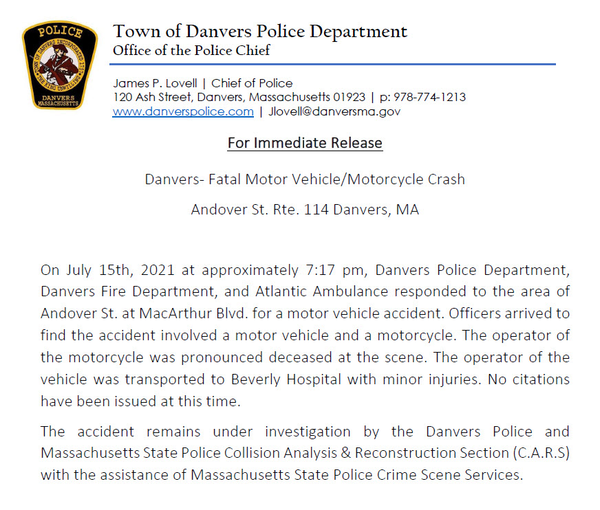 Danvers Police Dept on Twitter "PressRelease Danvers Fatal Motor