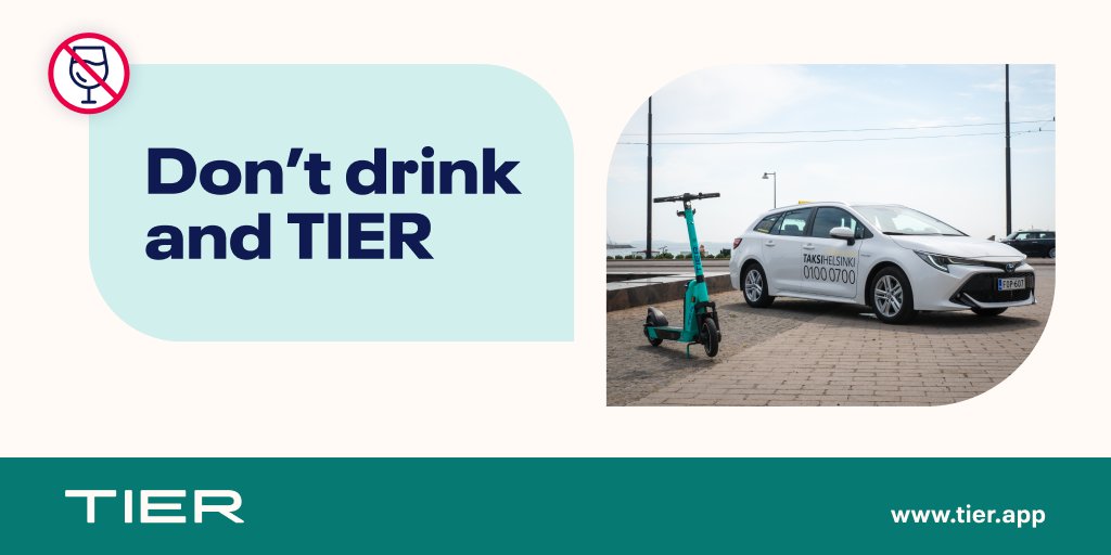 We’ve partnered with Taksi Helsinki to help keep our riders from taking a TIER after a couple of drinks and to contribute to a more sustainable lifestyle. Riders in Helsinki will now be prompted in the app to take a cab instead of a TIER if under the influence of alcohol. https://t.co/XyWitFNMPd