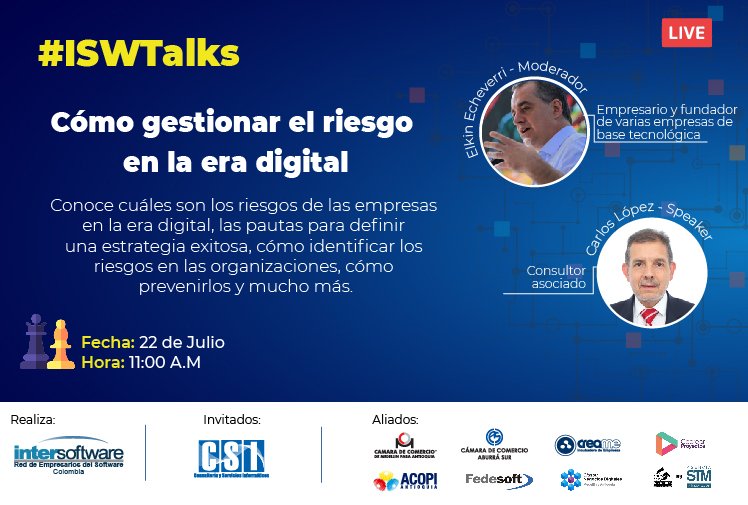 CocrearP's tweet image. 🔵Conéctate con @Intersoftware en los #ISWTalks y aprende junto con Carlos López Consultor Asociado de @csi_col sobre cómo gestionar los riesgos en la era digital, los beneficios de estar preparado, cómo tener en cuenta eventos futuros, el impacto en las empresas y mucho más. 👇
