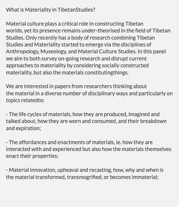 tibetcurator's tweet photo. CFPs What is #Materiality in #Tibetan Studies? Join me, @BroxTrine @WiseLange for an #IATS16 panel. We aim to create a long-term research group leading up to & beyond the conference. Details 👇👇👇
International Association for Tibetan Studies 16th seminar, Prague, July 2022 https://t.co/Q4etJyNoon