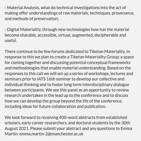 tibetcurator's tweet photo. CFPs What is #Materiality in #Tibetan Studies? Join me, @BroxTrine @WiseLange for an #IATS16 panel. We aim to create a long-term research group leading up to & beyond the conference. Details 👇👇👇
International Association for Tibetan Studies 16th seminar, Prague, July 2022 https://t.co/Q4etJyNoon