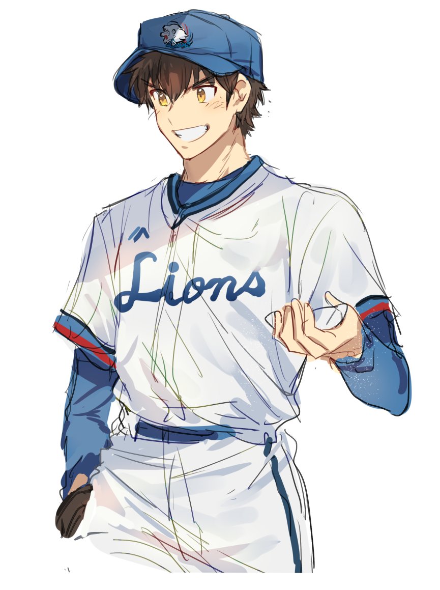 1boy male focus sportswear brown hair hat baseball uniform smile  illustration images