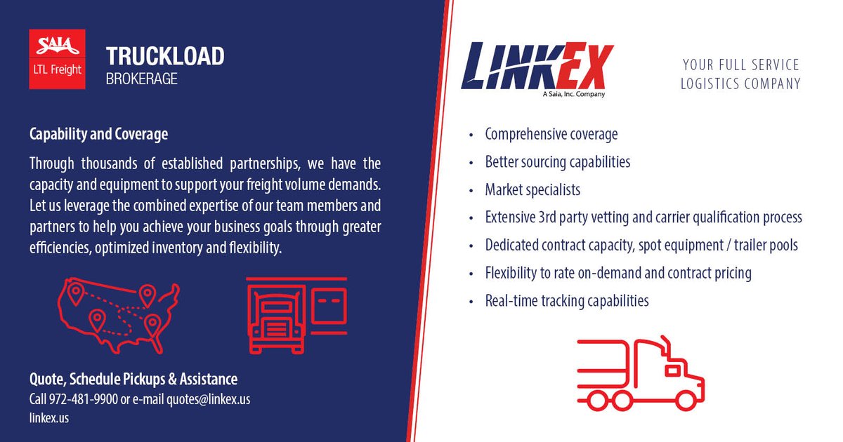 Saia_Inc's tweet photo. Over the last two decades, LinkEx has accumulated the experience your truckload shipments deserve. Visit https://t.co/FQjw1TGOPk to learn more. https://t.co/WPttmdIKig