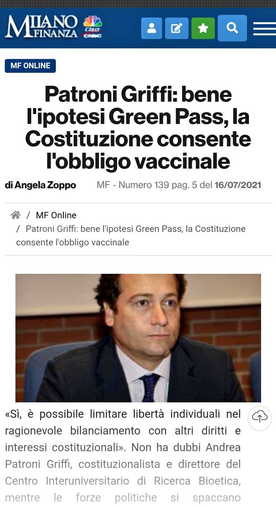 Il diritto alla salute NON  tutela menefreghismi sanitari. La Costituzione garantisce  "diritti e doveri" ...

Sull'ipotesi dell'obbligo #vaccino e sul #greenpass ecco una mia intervista

milanofinanza.it/news/patroni-g…