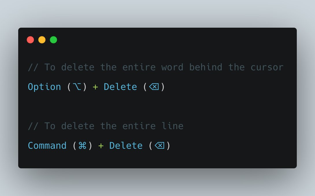 naresh_io's tweet image. 💡Productivity Tip:
Option (⌥) + Delete (⌫) - To delete the entire word behind the cursor
Command (⌘) + Delete (⌫) - To delete entire line
I know it's a small tip, but definitely worthy. Try now!!
#MacOSTips