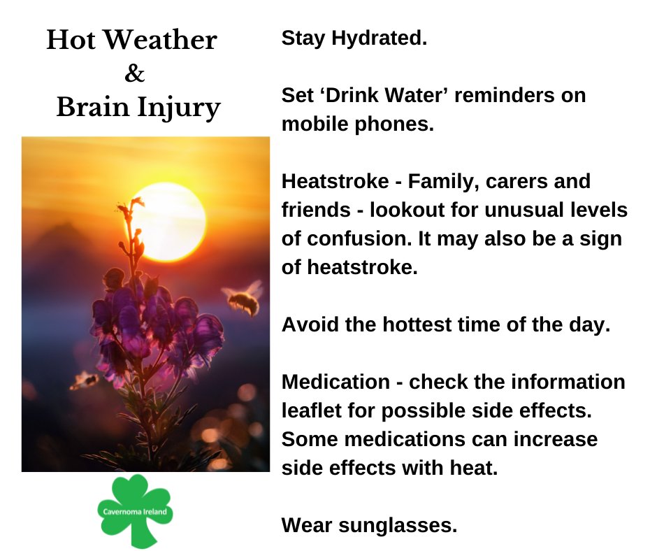 😎#HotWeather 🌞 & #BrainInjury 🧠 Tips.
#DrinkWaterReminders 
More tips and information; 
headway.org.uk/.../hot-weathe…
&
The HSE 'Be Summer Ready' 2021 booklet. hse.ie/.../be-summer-…

#CavernomaAwareness #CCM